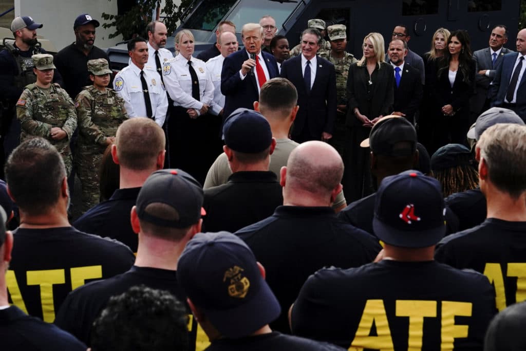 Trump speaking with police and troops patrolling Washington, DC